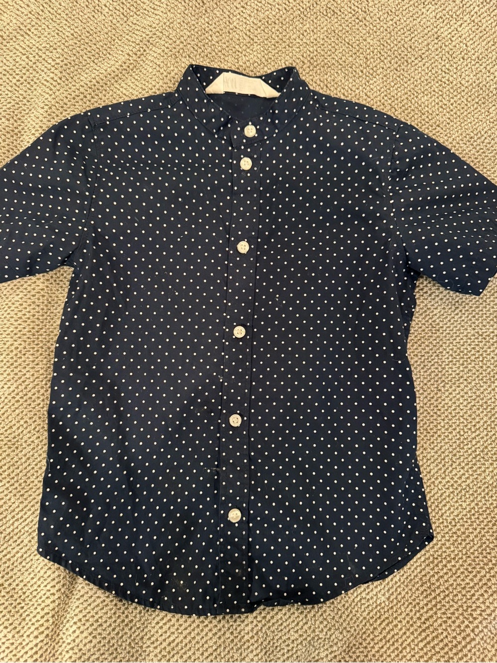 Boys Navy Short-Sleeve Button-Down with White Polka Dots